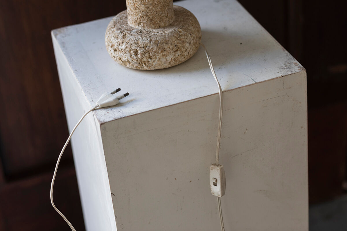 Limestone table lamp with woolen shade, France 1970’s