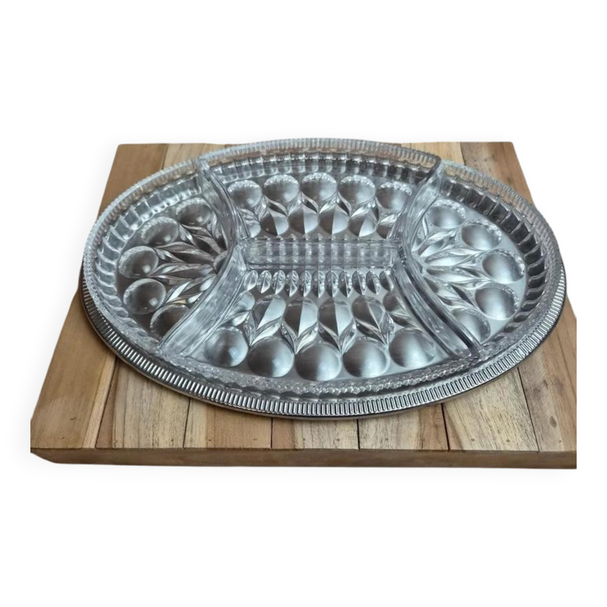 Vintage silver-plated metal tray with a segmented glass aperitif dish.
