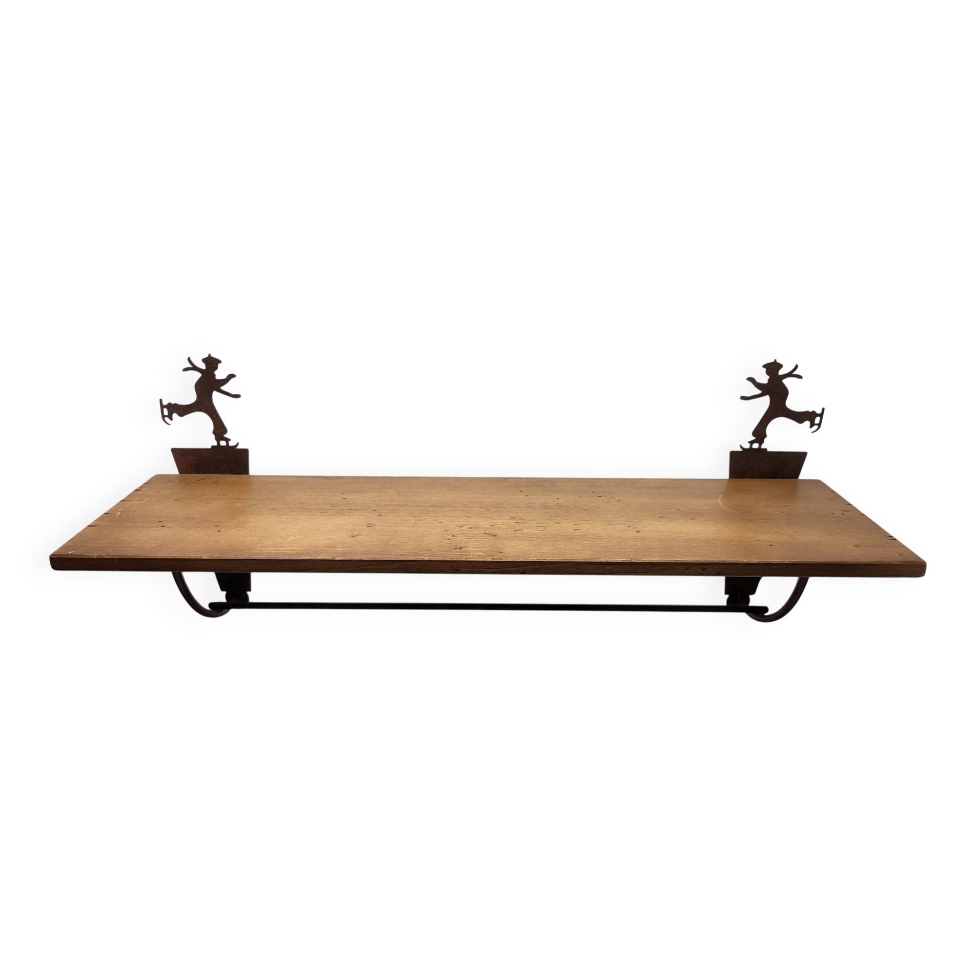 Wall shelf in wood and metal with a decoration of ice skaters.