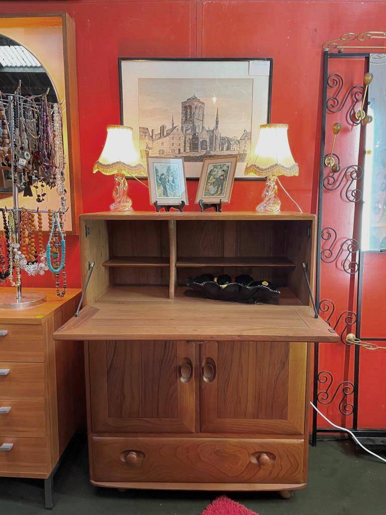 Ercol English wooden secretary, on wheels – 1970s.