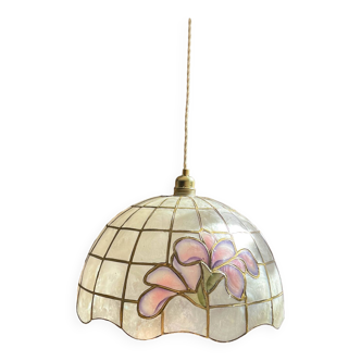 Capiz mother-of-pearl and brass pendant light with floral pattern, vintage Tiffany style, Art Deco style