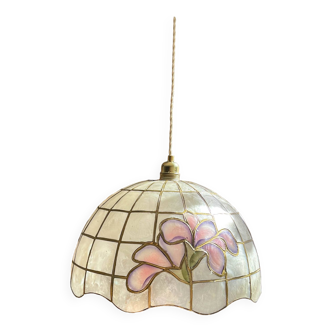 Suspension nacre de Capiz et laiton motif fleuri style  style Tiffany Art déco vintage