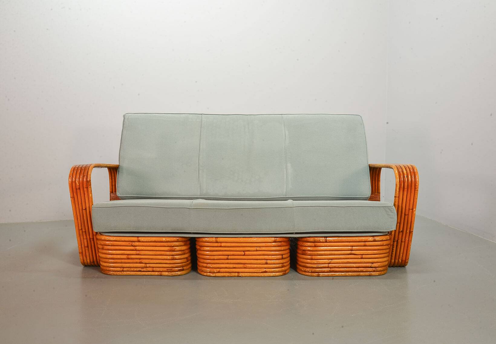 Exclusive Six Strand Rectangular Rattan 3-Seat Sofa after Paul Frankl, 50s