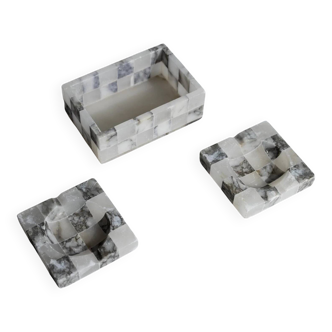 Vintage 1970s Marble Smoking Set in Grey and White Checkered Marble – 2 Ashtrays + Cigarette Box, Table Decor