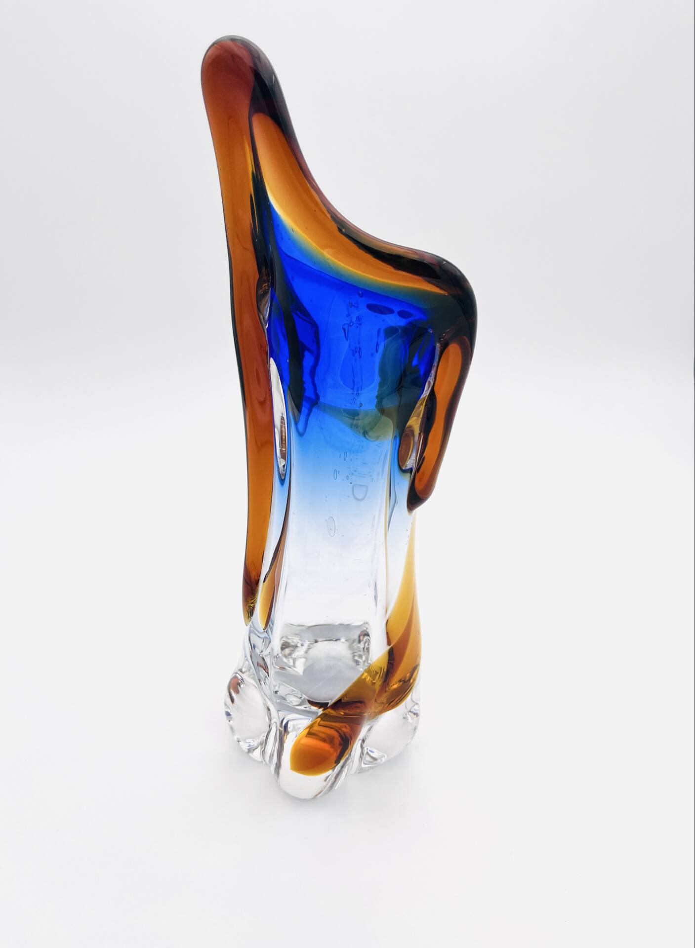 Large stretched glass sculpture vase from Bohemia – Cobalt blue, Amber