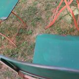 Mid century distressed painted iron garden table and 2 chairs, 1960s