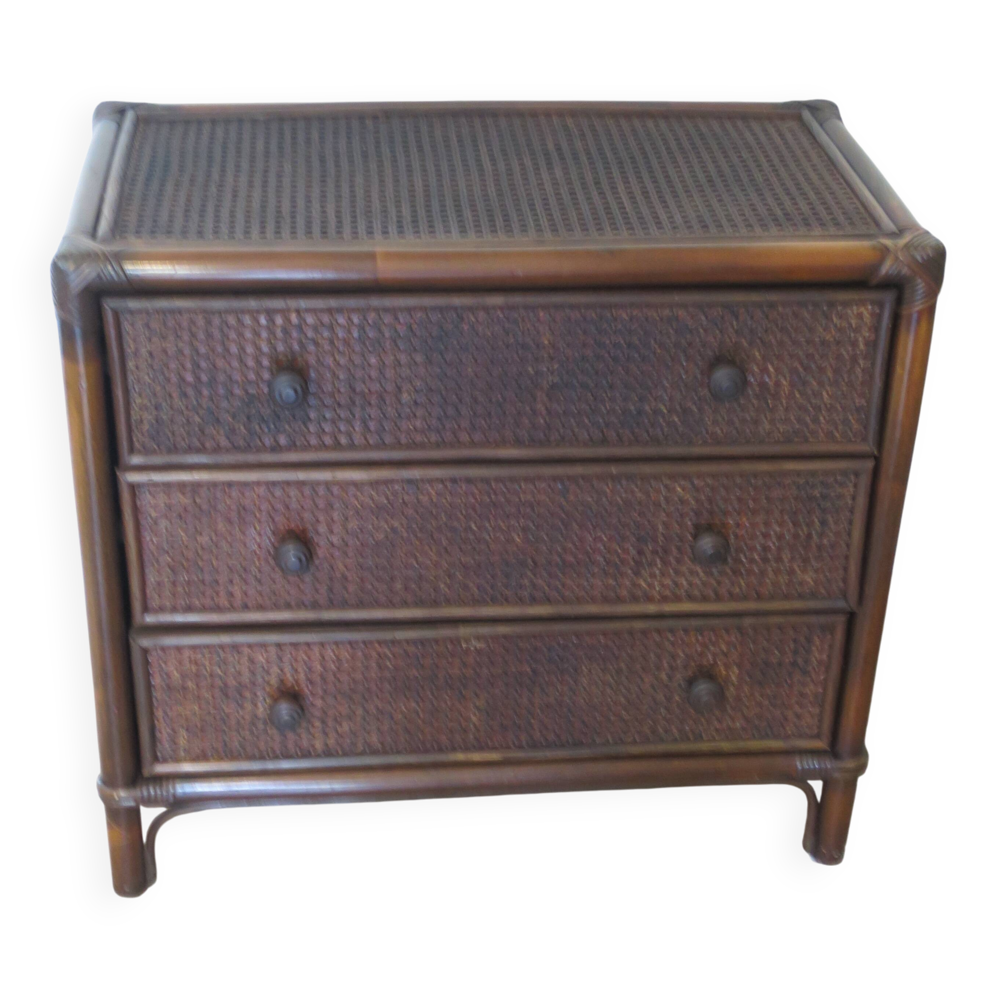 Vintage 3-drawer chest of drawers - wood, bamboo and woven rattan - 1980s
