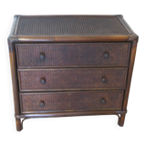 Vintage-commode 3 tioirs -bois bambou et rotin tressé - années 80
