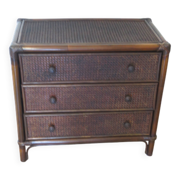 Vintage 3-drawer chest of drawers - wood, bamboo and woven rattan - 1980s