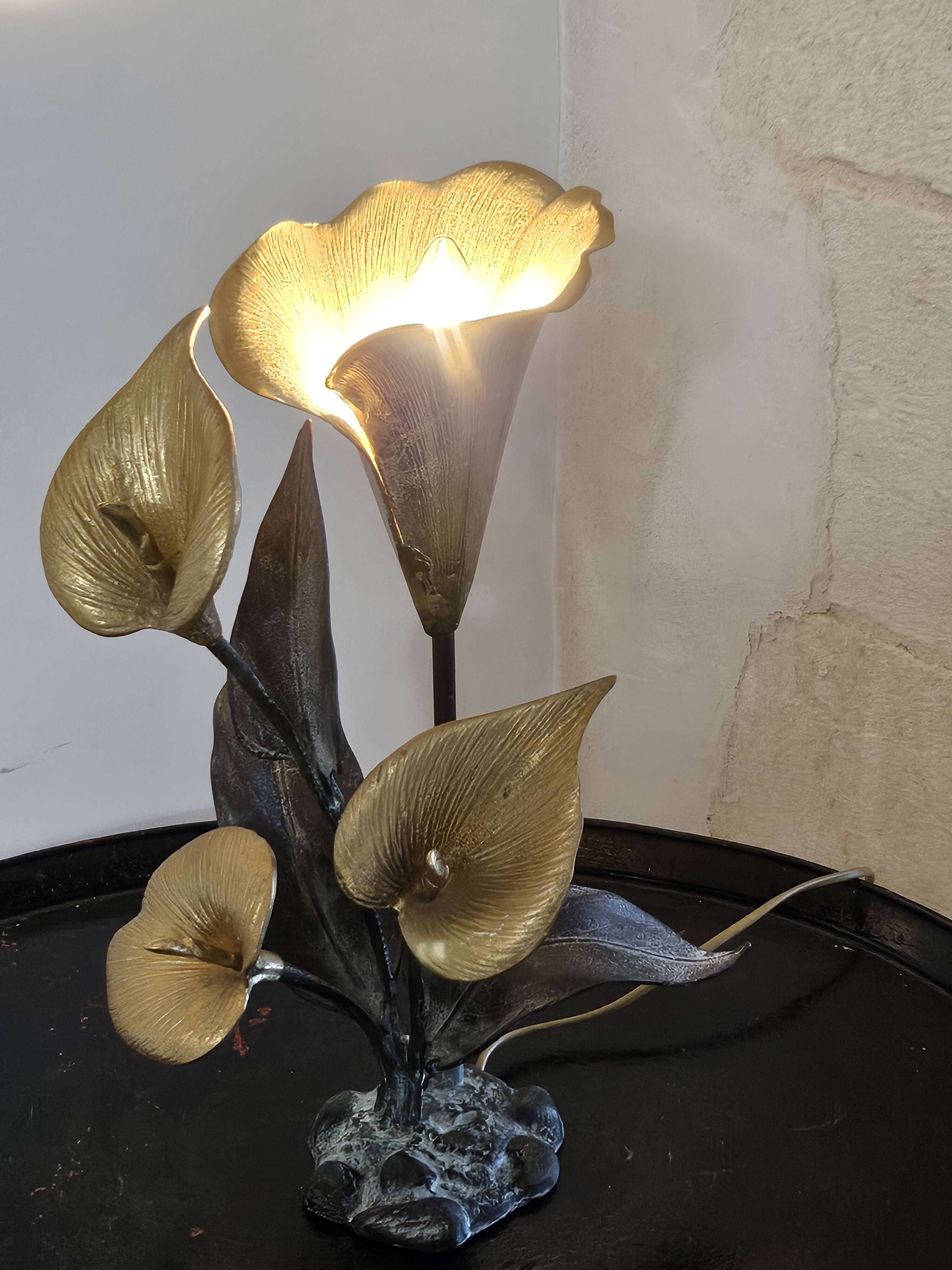 Metal sculpture lamp with golden calla lilies – 1970s