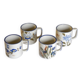 Set of 4 stoneware cups/mugs with blue floral designs, made in China.