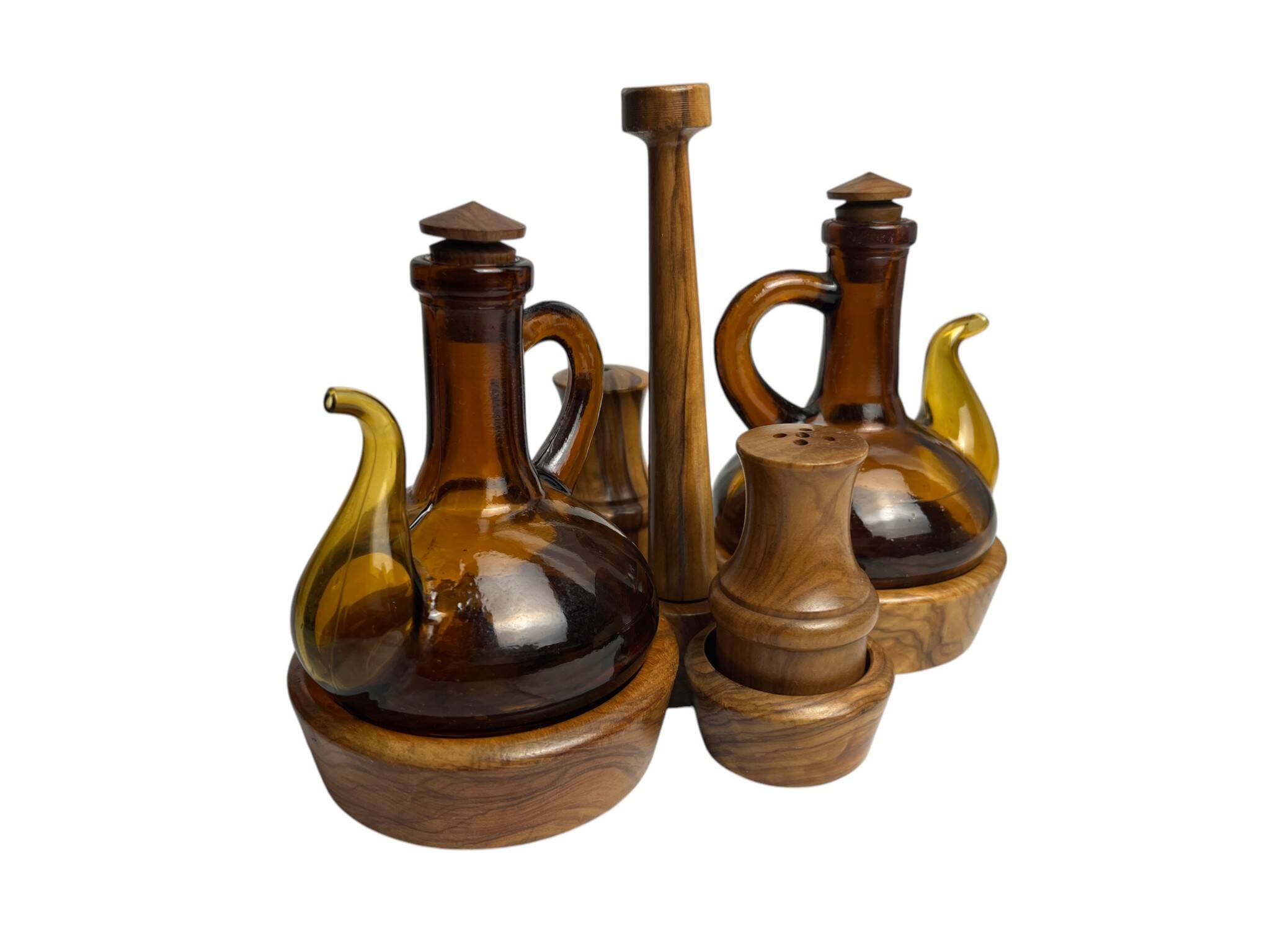 Vintage oil and vinegar server, Biot, olive wood, 20th century.