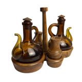 Vintage oil and vinegar server, Biot, olive wood, 20th century.