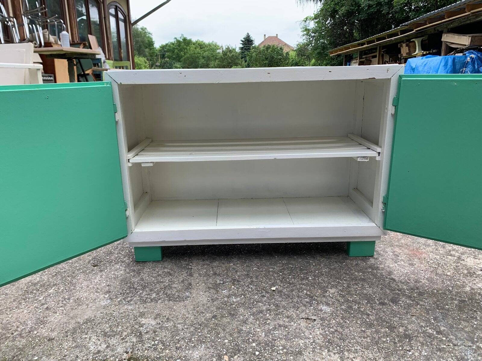 Vintage painted wardrobe in white and green wood, 1950s, original lock.