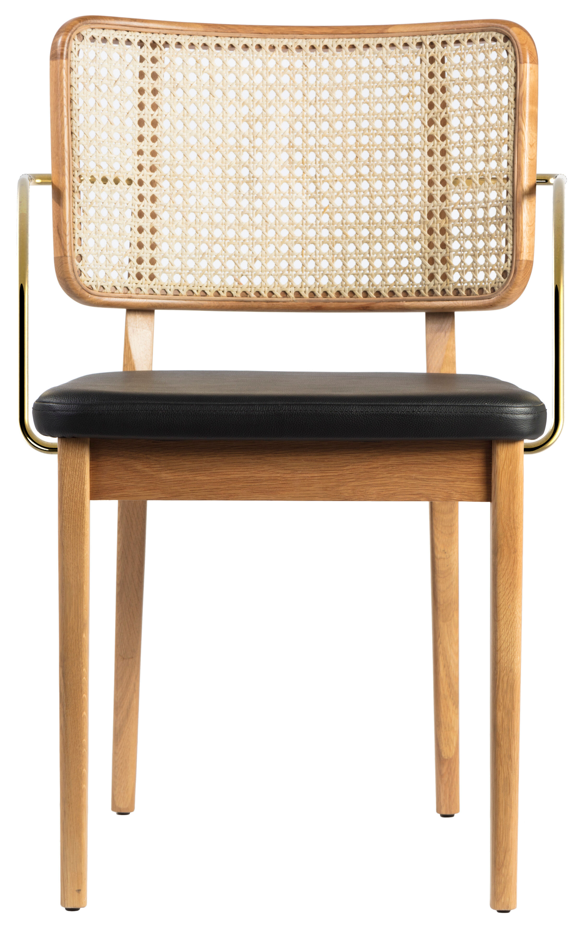 Lot of 6 light wood canning chairs, black leather with armrests