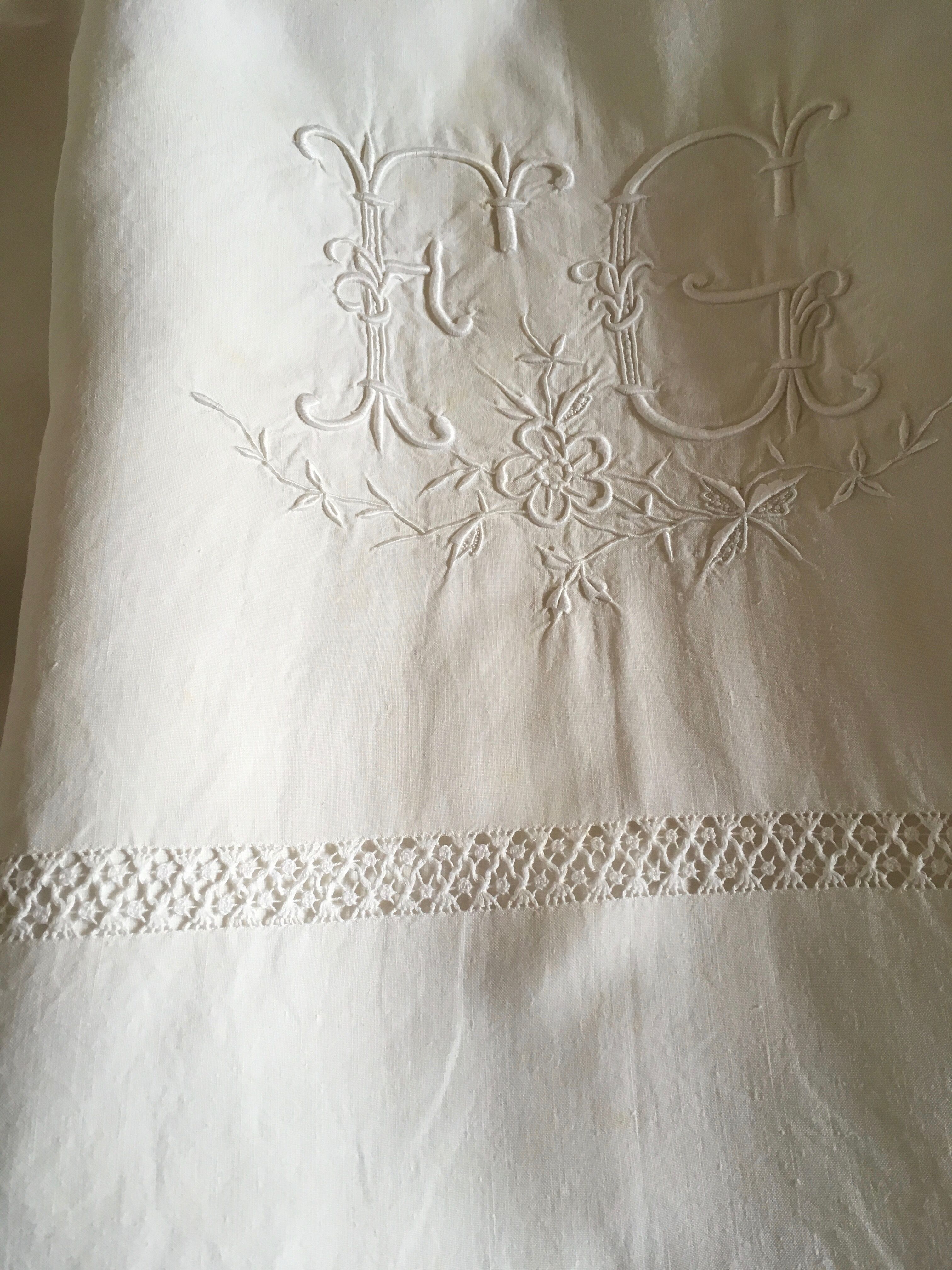 Old original FG Monogram embroidered linen canvas sheet early 20th