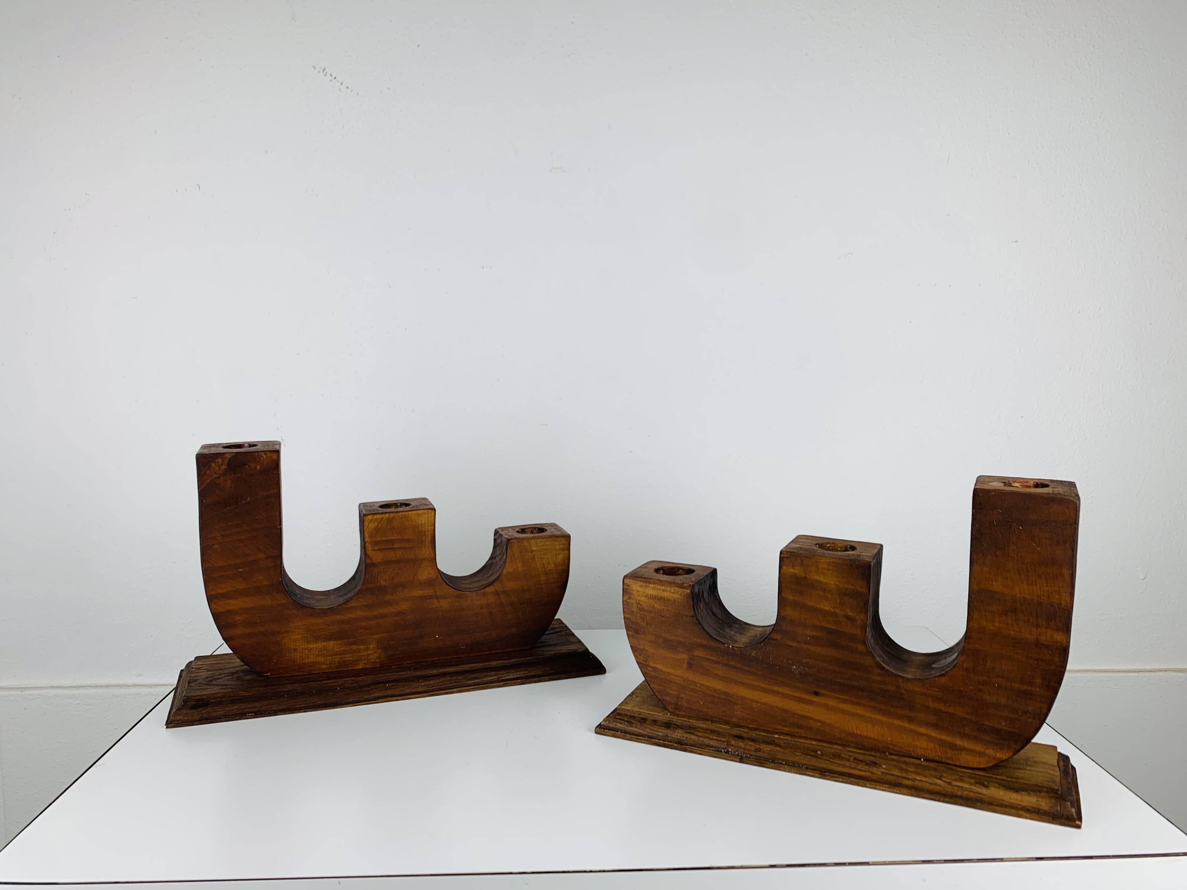 Pair of brutalist wooden candlesticks, 1960s