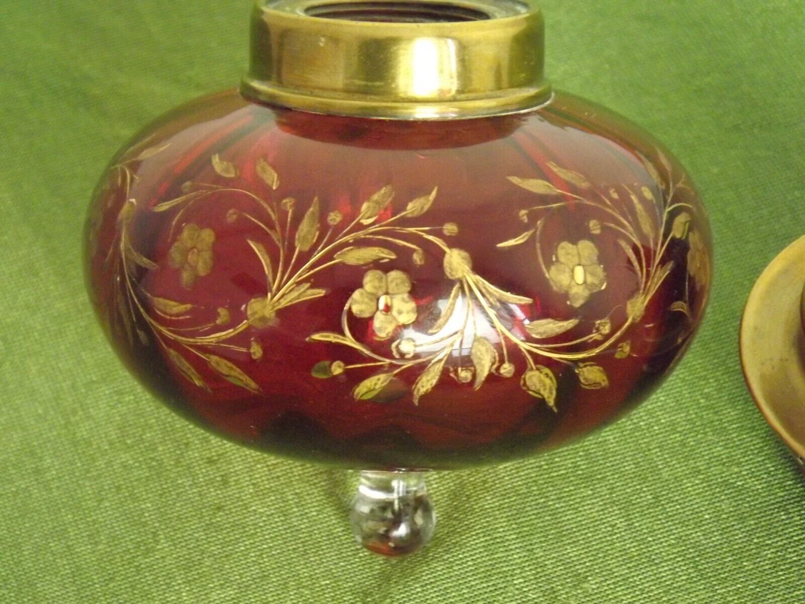 2 French Antique Cranberry Glass Oil Lantern Reservoirs Etched Gold Flowers 3984