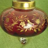 2 French Antique Cranberry Glass Oil Lantern Reservoirs Etched Gold Flowers 3984
