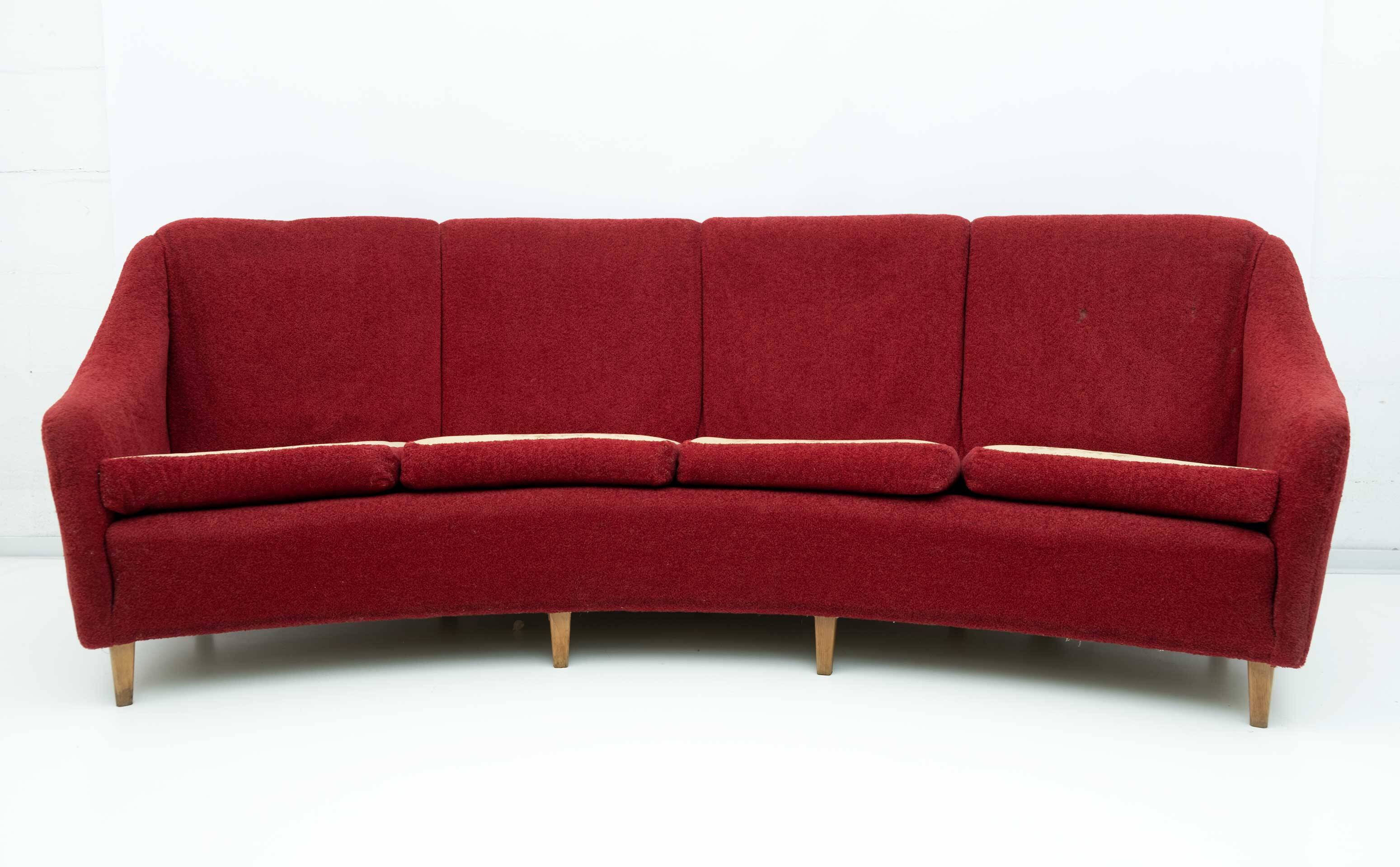 Mid-Century Modern Italian Velvet four Seater Curved Sofa, 1950s