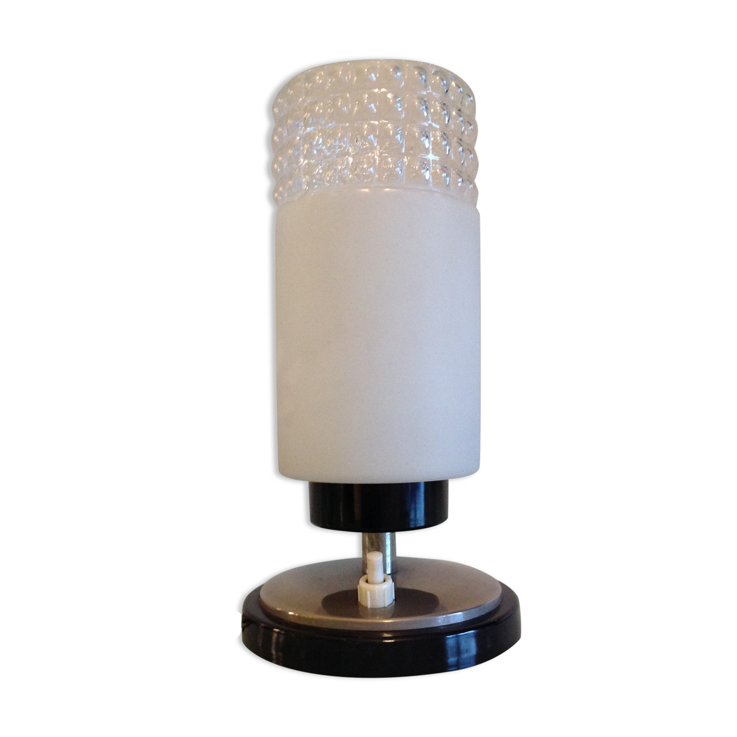 Tube bedside lamp with bi-material/vintage glass lampshade, 60/70s