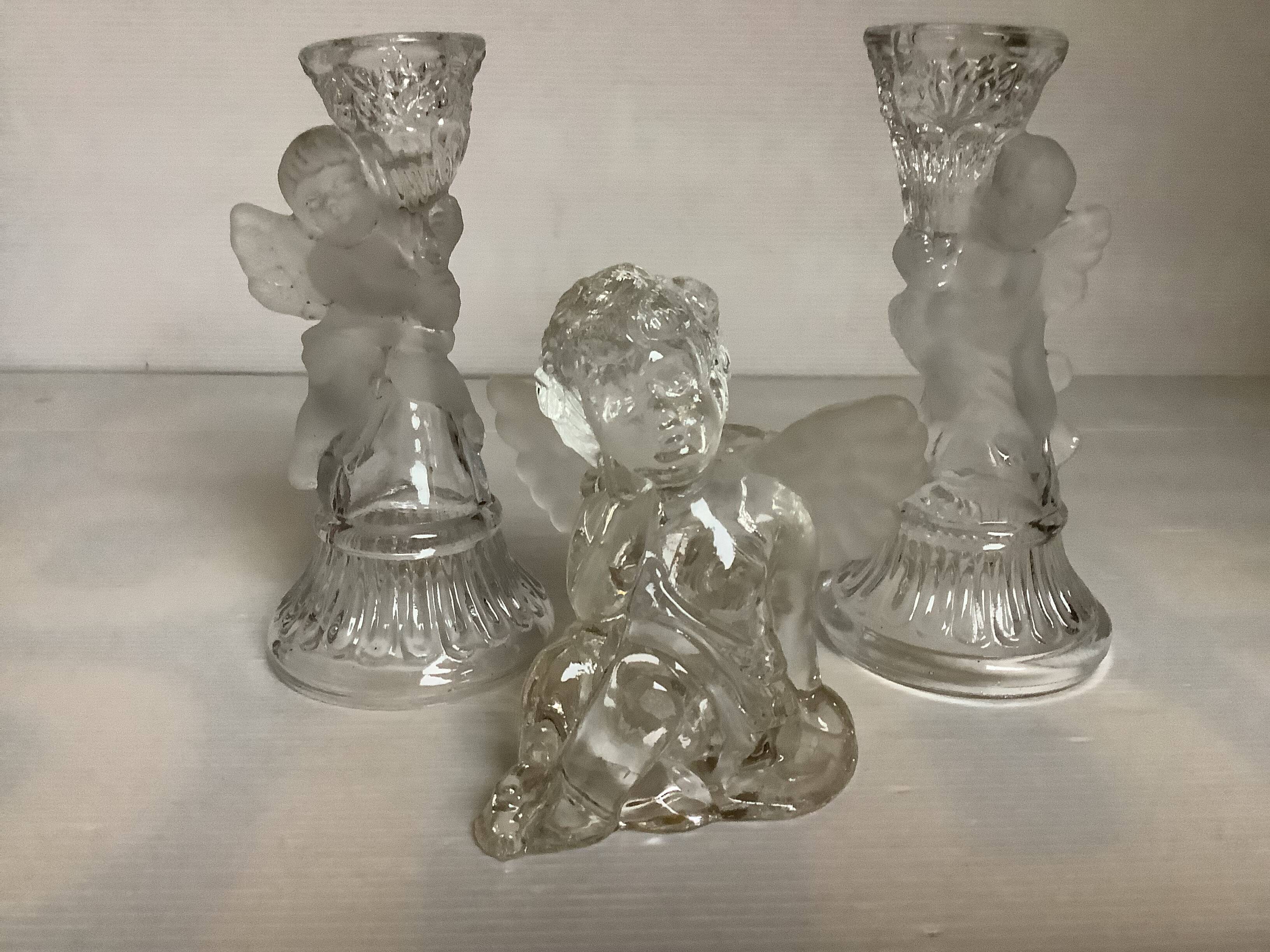 Trio of frosted molded glass angel candle holders