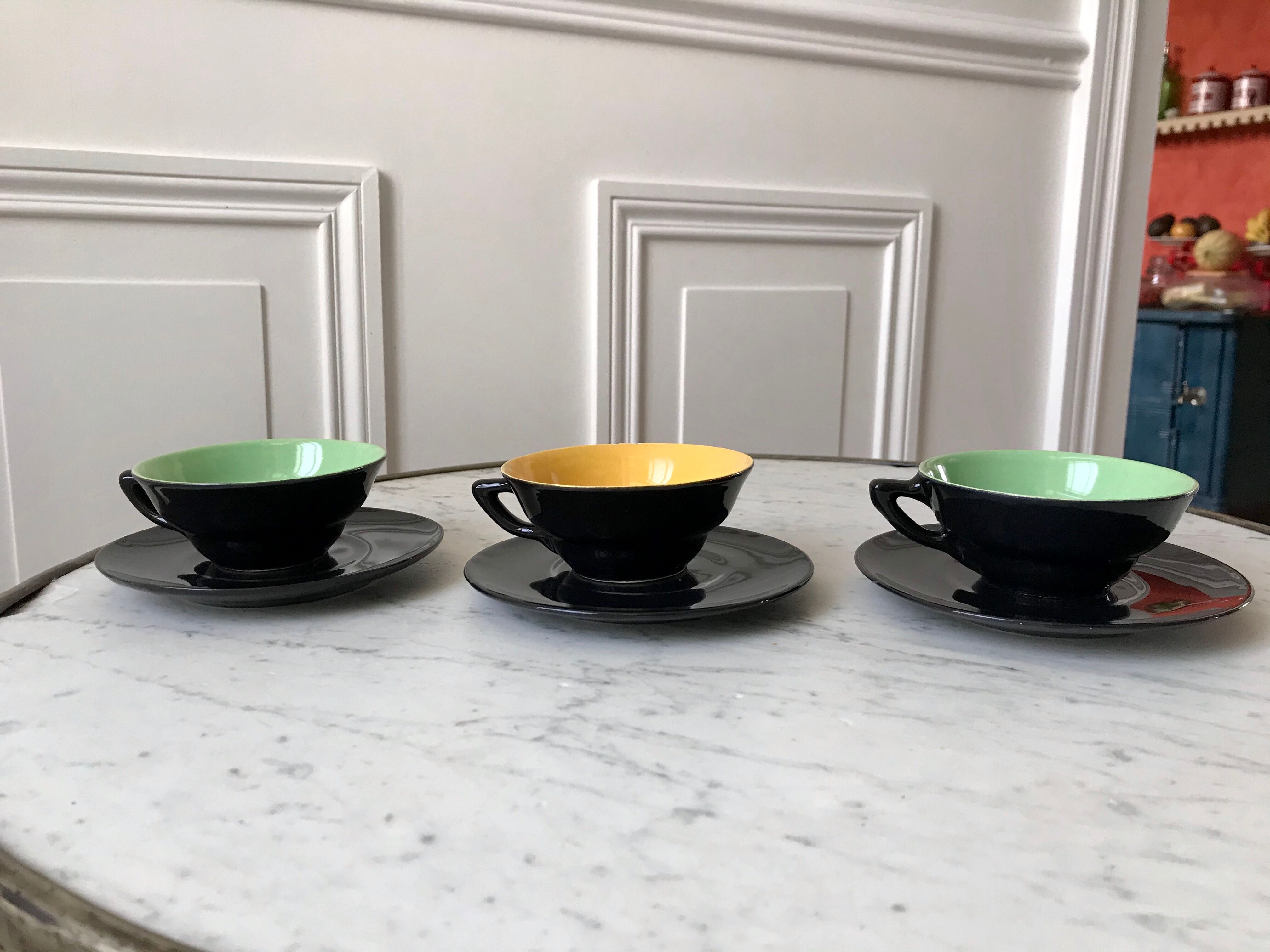 Set of 3 cups and saucers sage green and yellow 60s