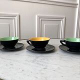Set of 3 cups and saucers sage green and yellow 60s