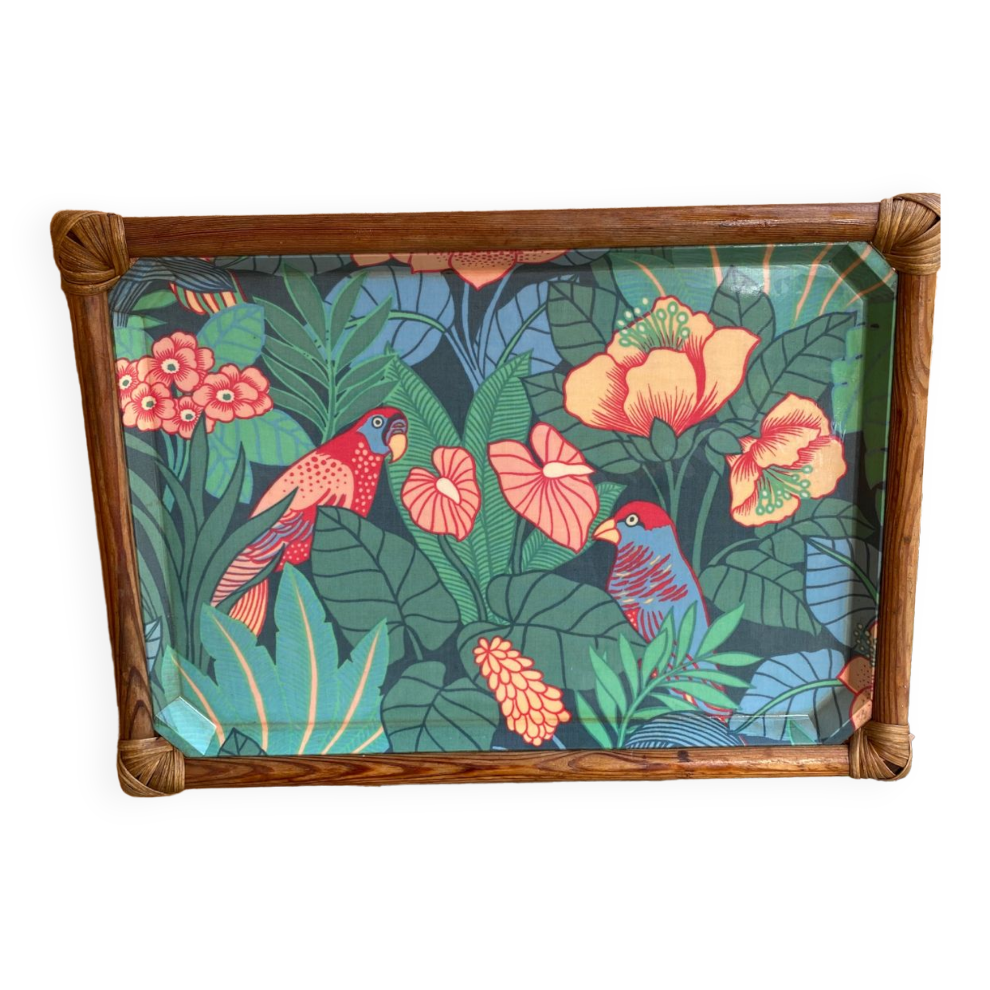 Plateau vintage en plastique et rotin