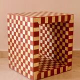 Side table - open cube bedside table with checkerboard in bone and terracotta resin