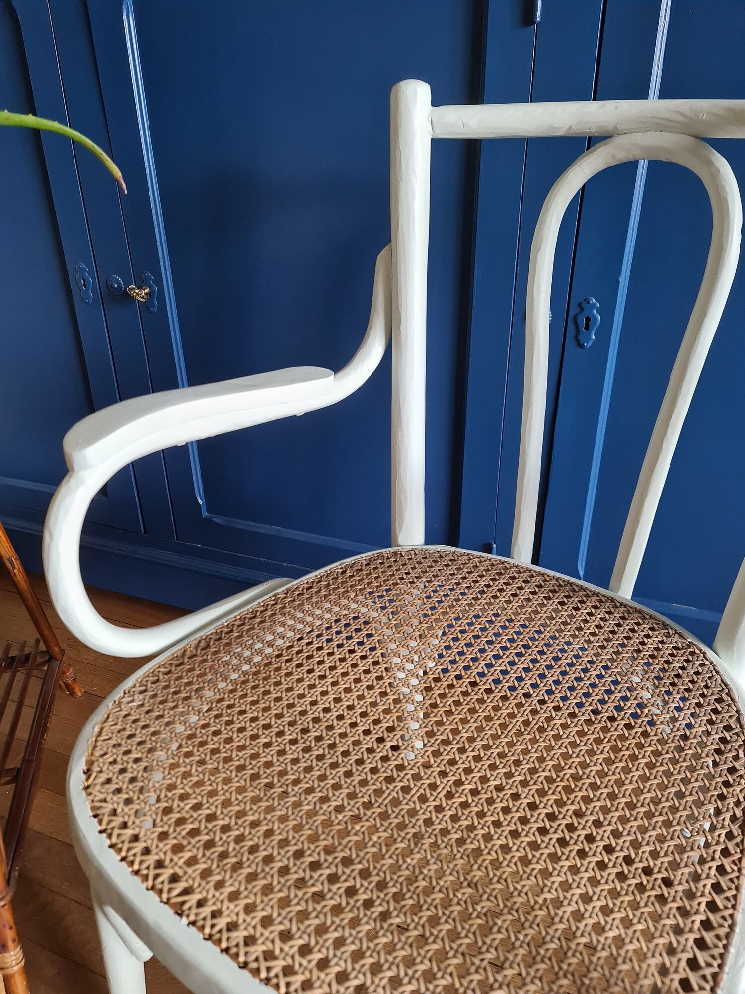 Chair / armchair cannage and wood painted shaby vintage