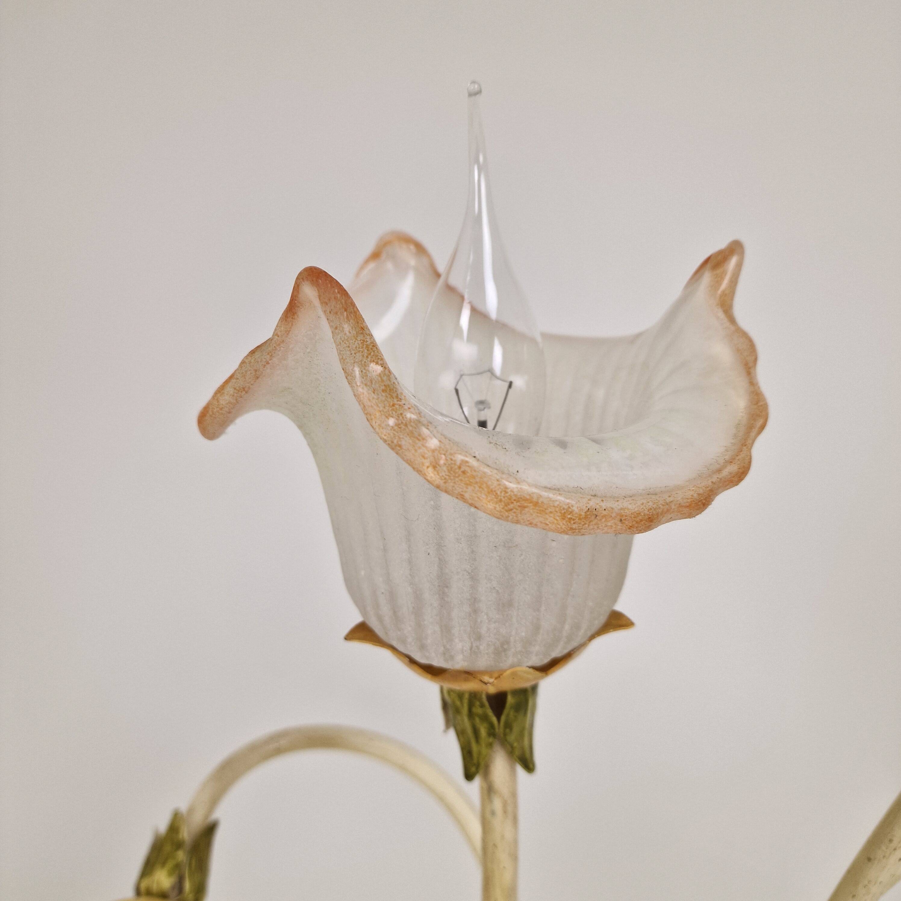 Italian Floor Lamp with Metal Stems, Leaf Details and Murano Glass Flowers