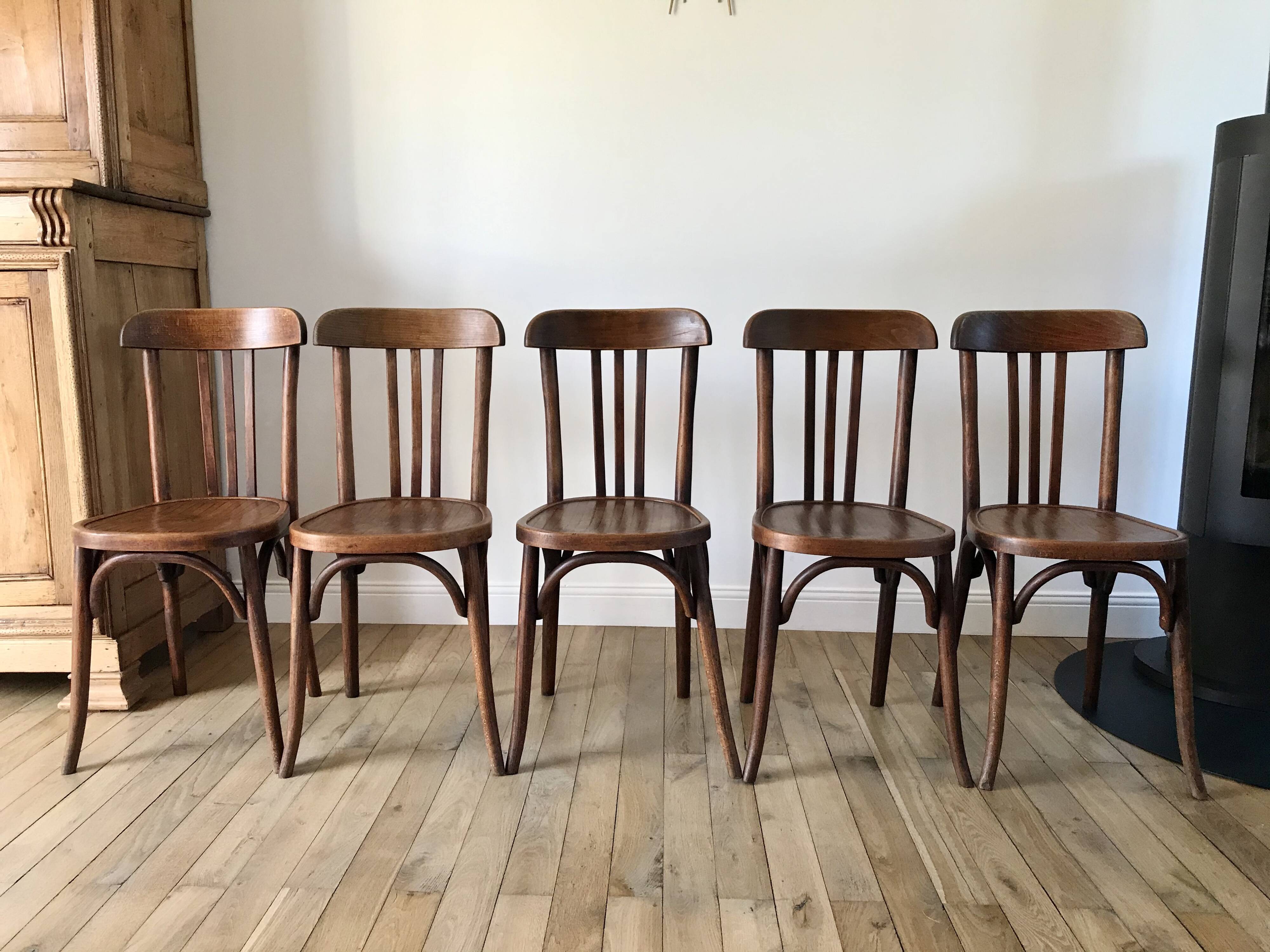Set of 5 baumann bistro chairs in bent wood stamped xxth