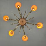 Venetian chandelier in beige/gray murano glass bordered with a red net