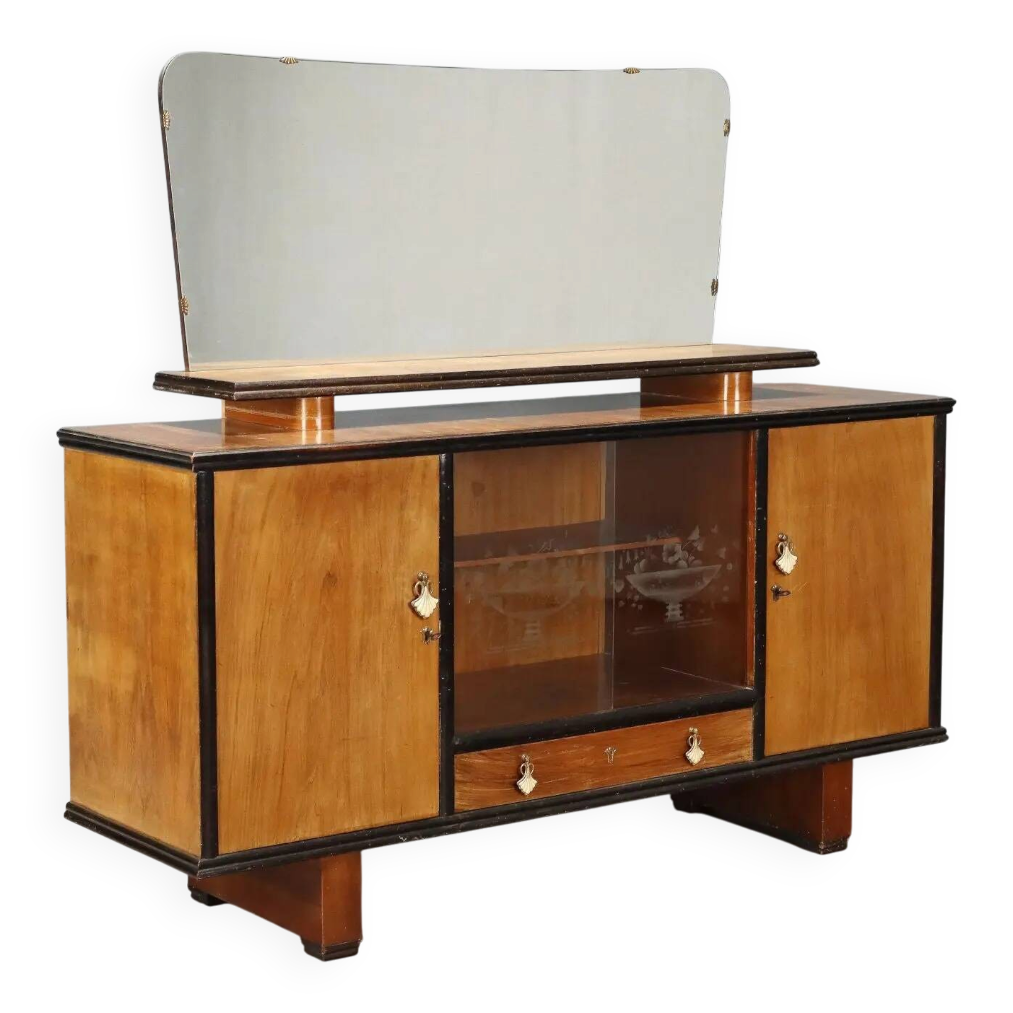 Vintage walnut veneer sideboard with mirror, Italy 1960s