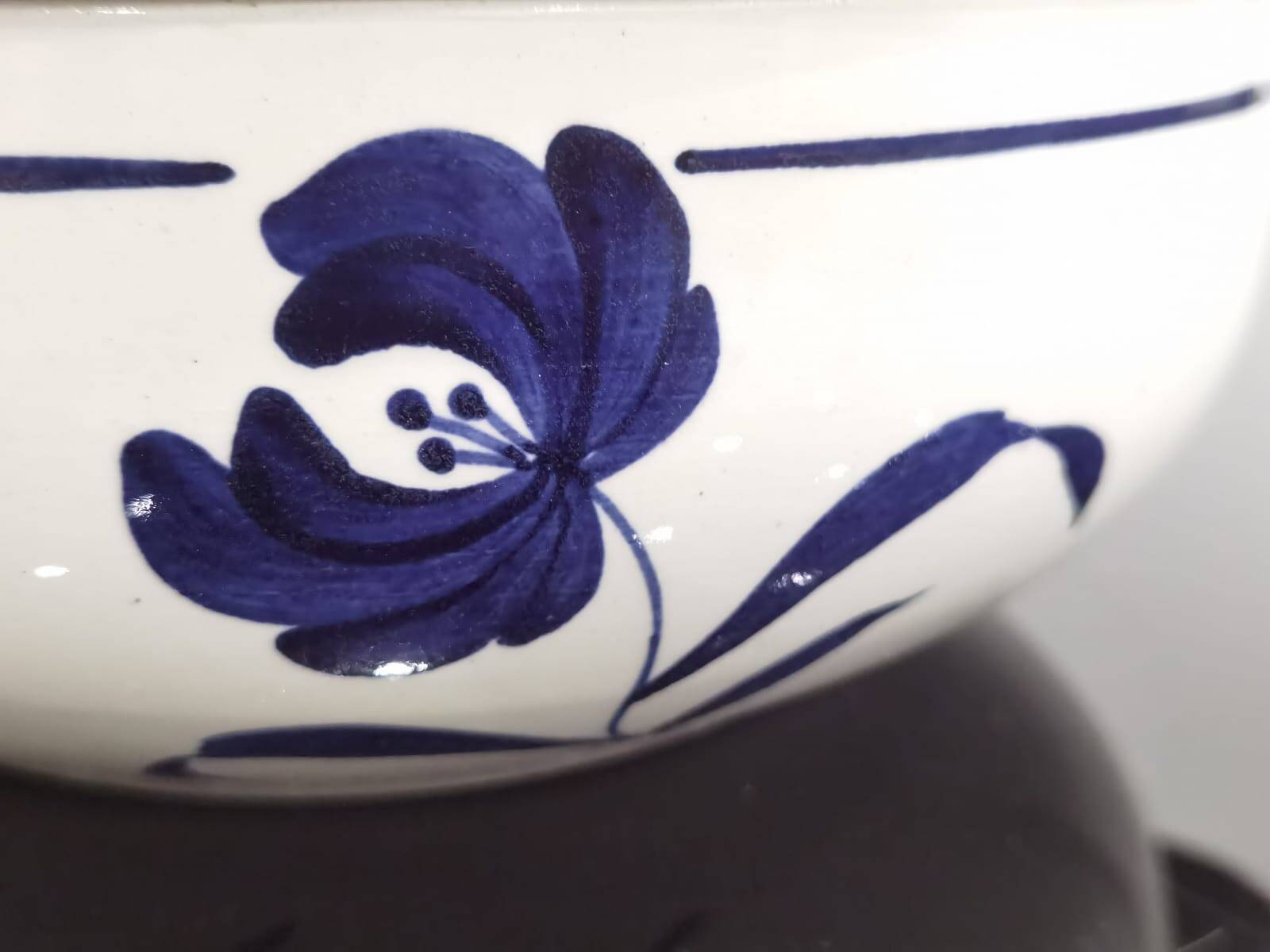 Old earthenware tureen with blue flower, Moulin des loups and hamage France, model