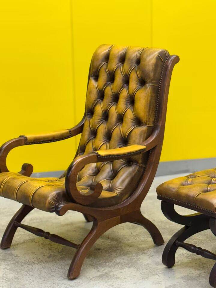 Original English Chesterfield Wingback Chair & Matching Footstool