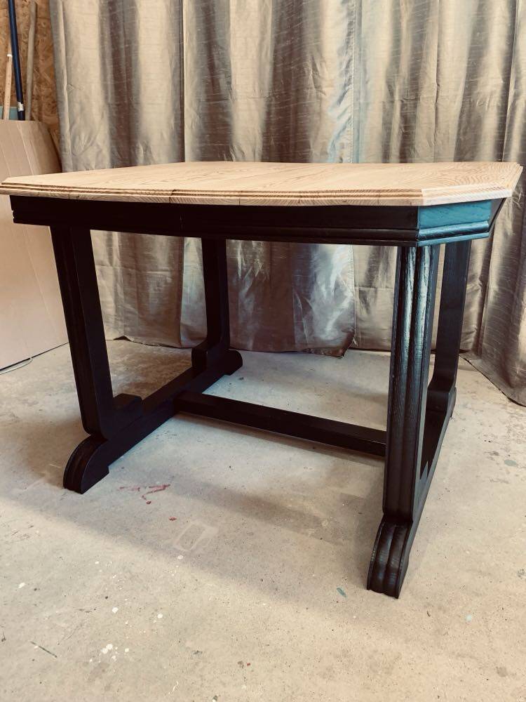Art Deco dining table with raw wood top