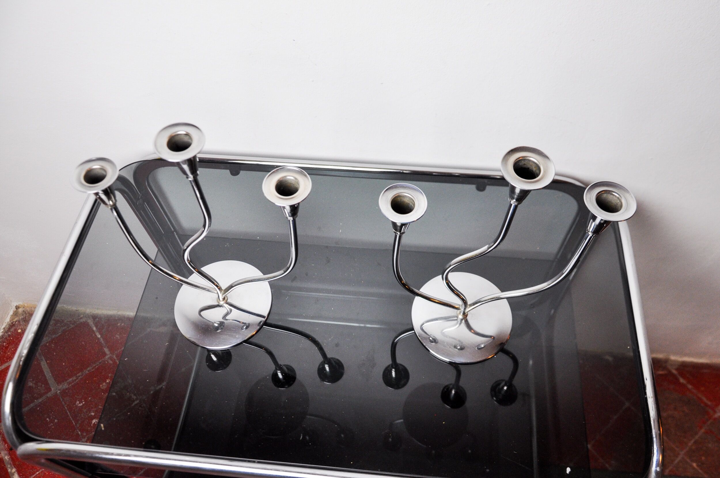 Pair of art deco candlesticks in stainless steel 3 flames, Spain, 1970