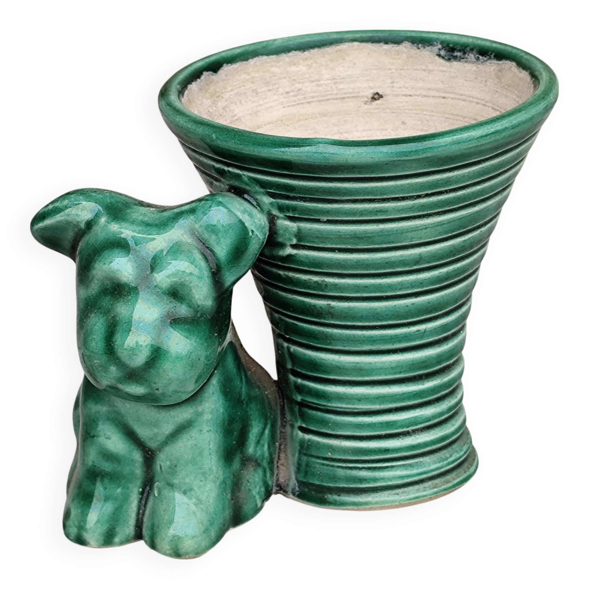 Green ceramic empty pocket dog statue