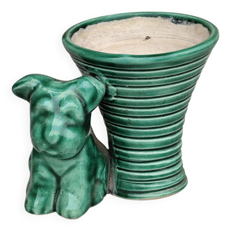 Statue chien  vide poche en céramique verte