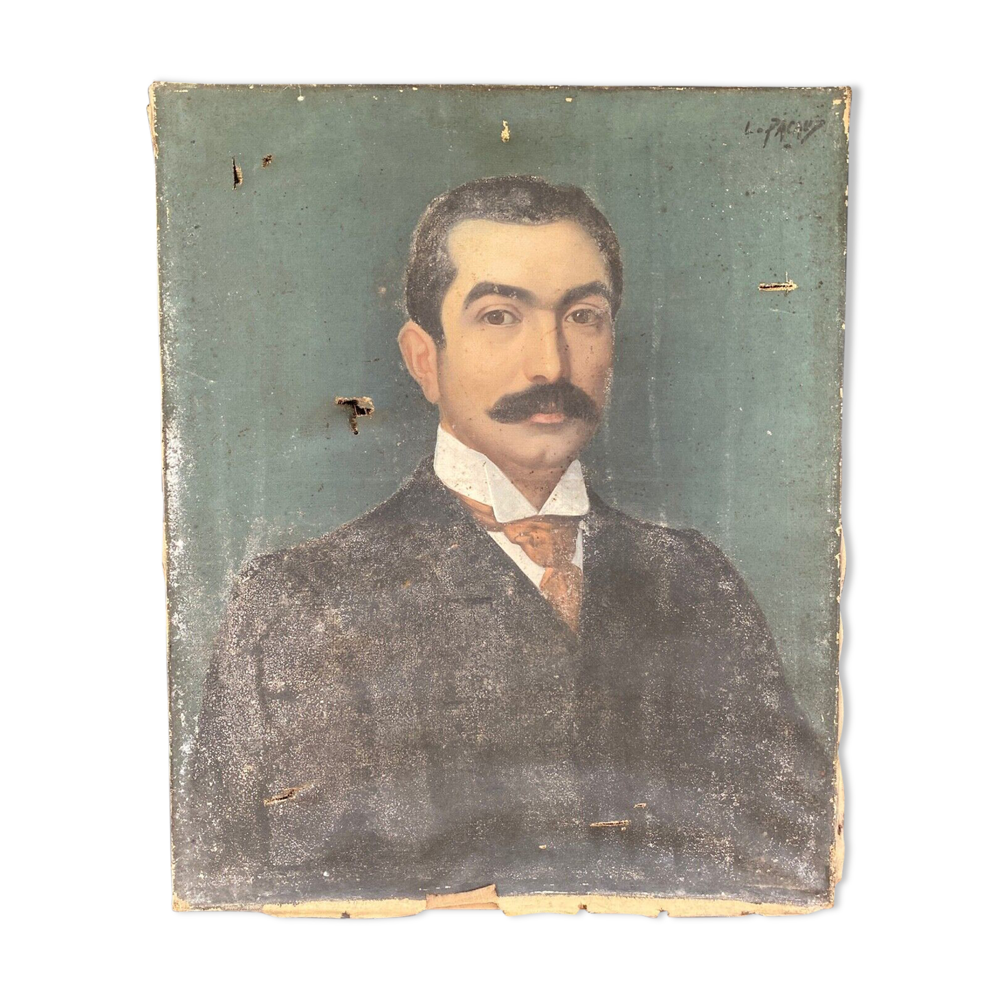 Huile sur toile par L Pacaud portrait homme a moustache 1900 XXeme