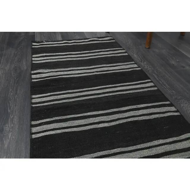 1970s Turkish Oushak Handmade Wool Cotton Black Runner Rug 63x246