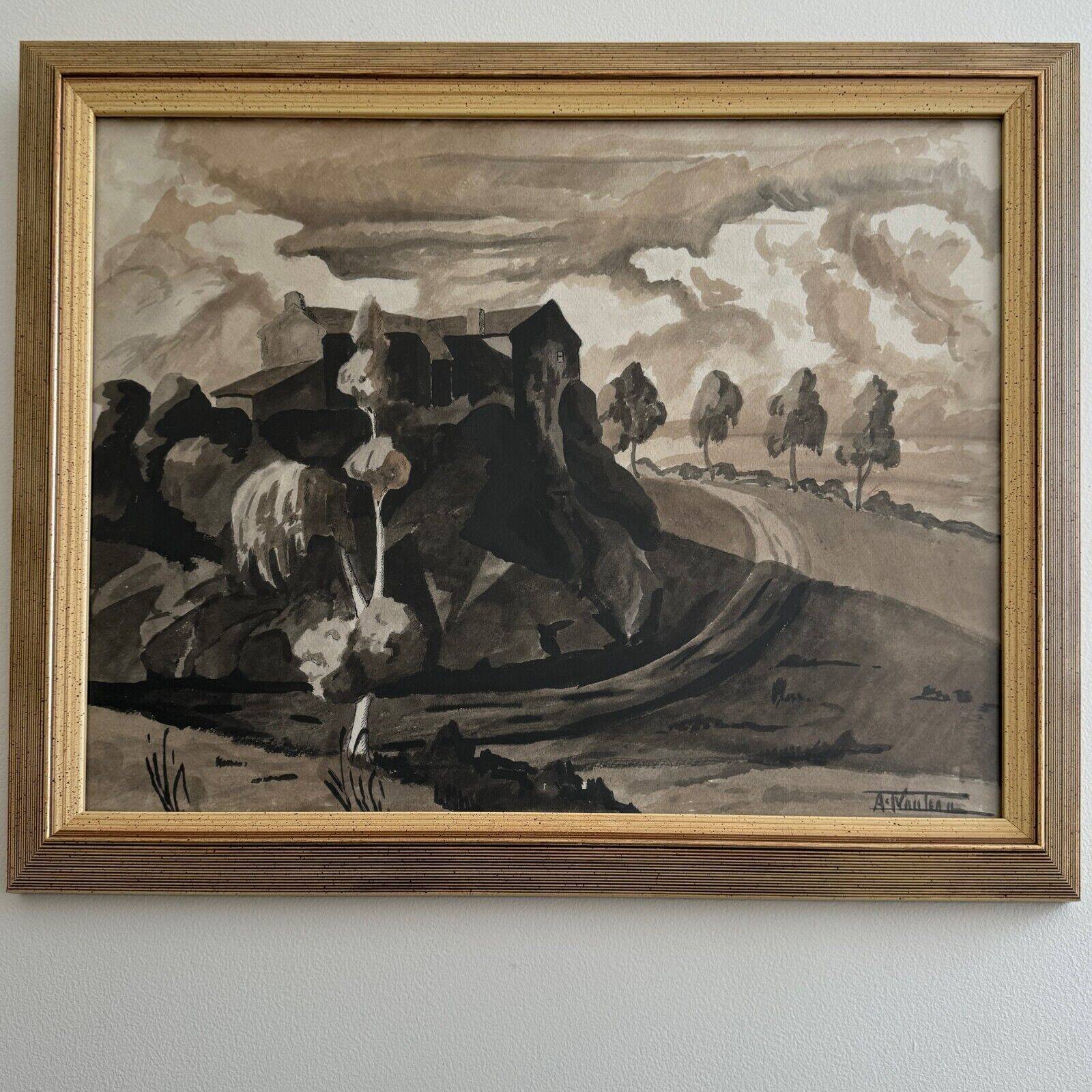 Watercolor on paper André-Charles Nauleau landscape with path 20th century