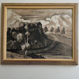 Watercolor on paper André-Charles Nauleau landscape with path 20th century