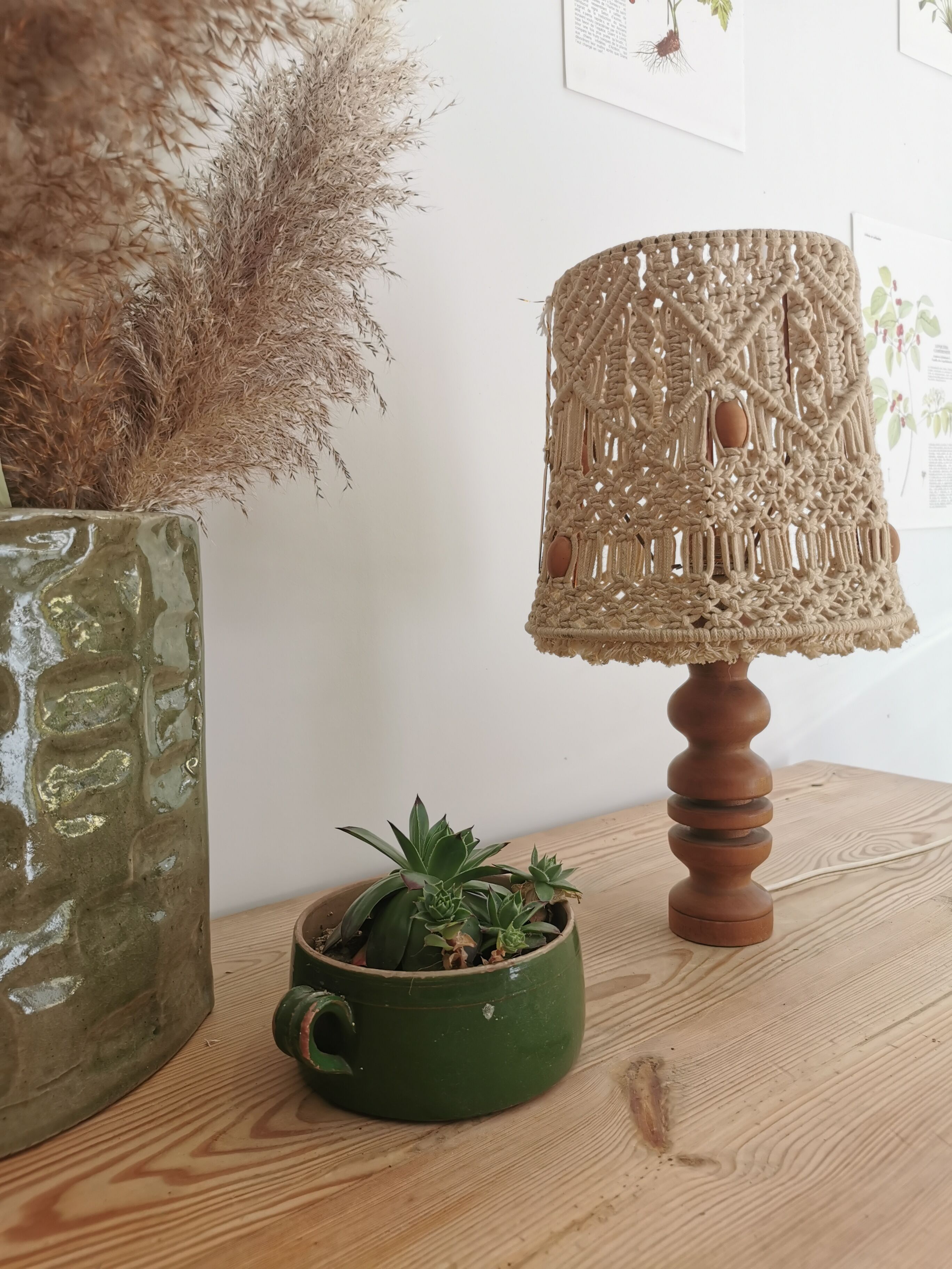 Lampe macramé vintage pied bois