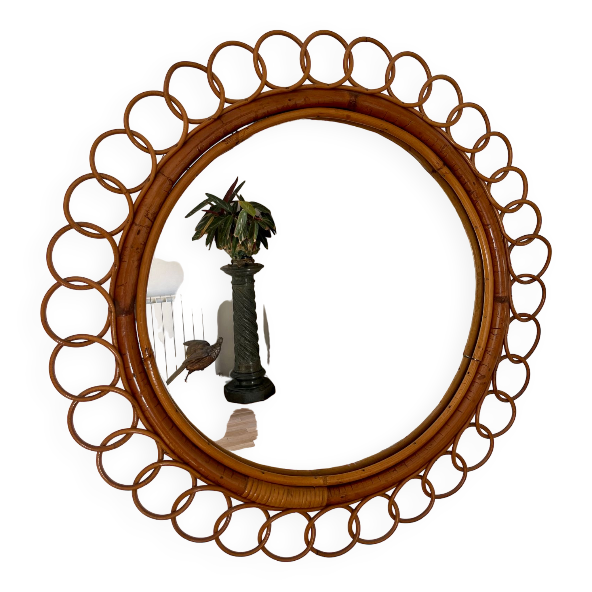 Miroir Soleil En Rotin Courbé. Vers 1960