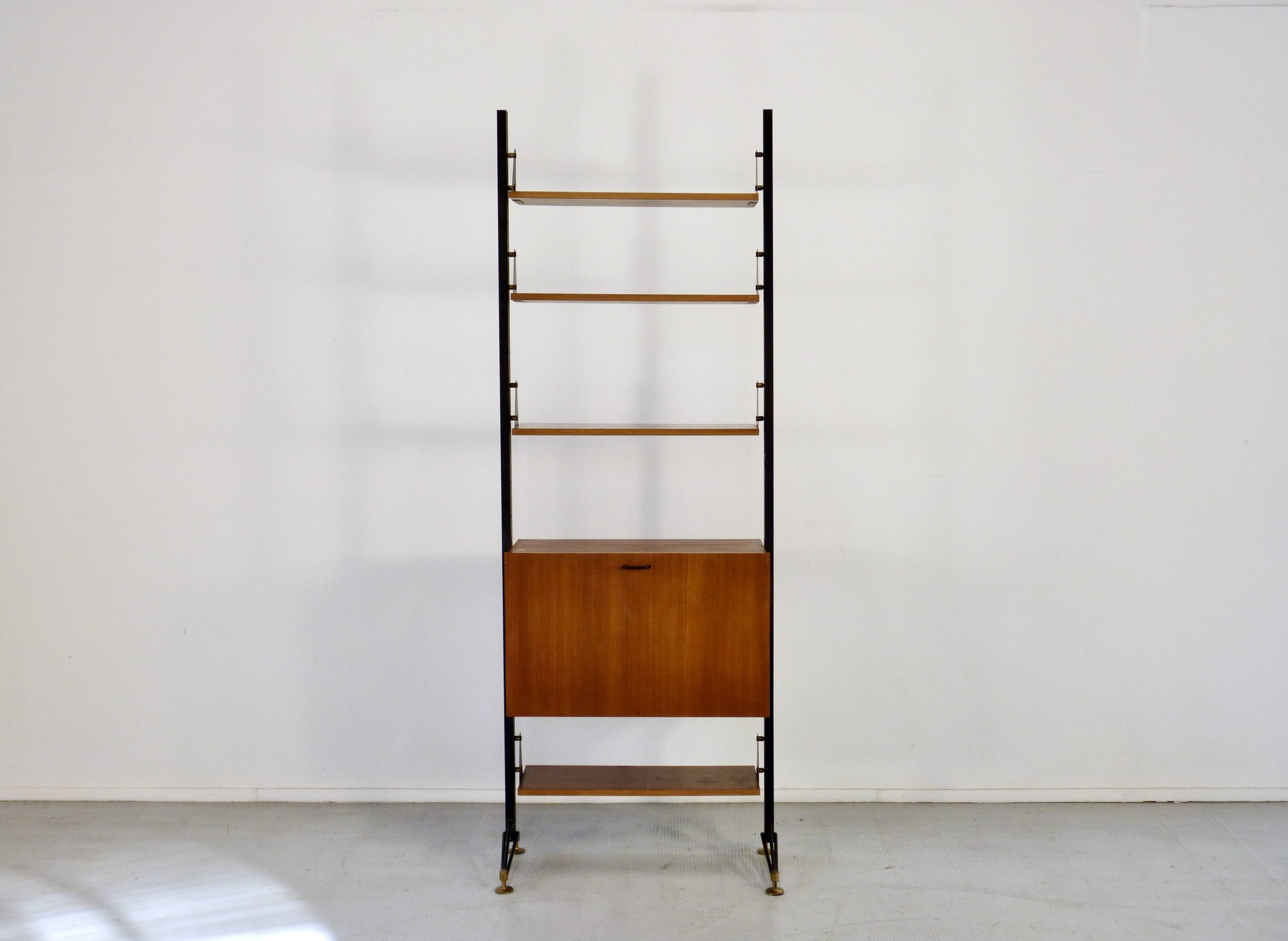 Mid-Century Modern Italian Freestanding Teak and Steel Modular Bookshelf,
