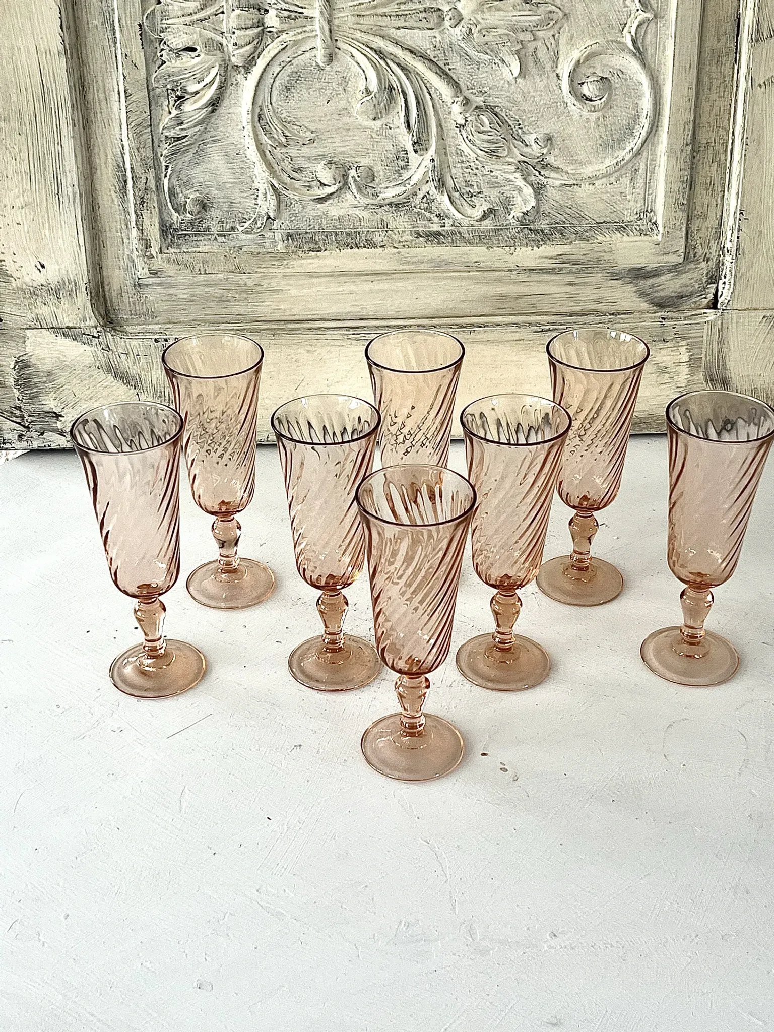Champagne flutes pink set of 8, French swirl glass stemware rosaline