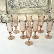 Champagne flutes pink set of 8, French swirl glass stemware rosaline
